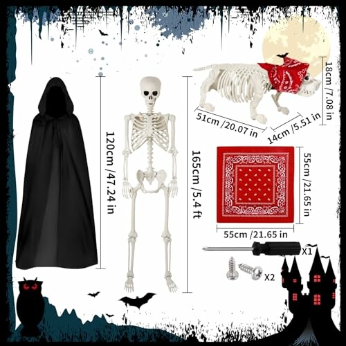 Halloween set with skeleton, cloak, and dog skeleton.