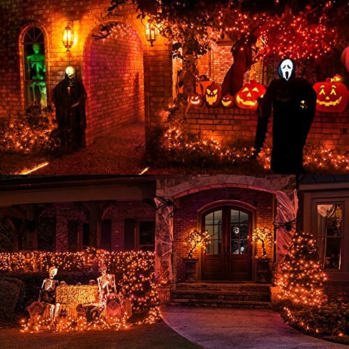 Halloween decorations with lights, skeletons, and pumpkins on a house.