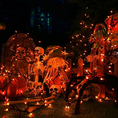 Halloween scene with skeletons, pumpkins, and orange lights.