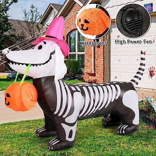 Inflatable Halloween dog with skeleton design and pink hat holding a pumpkin.