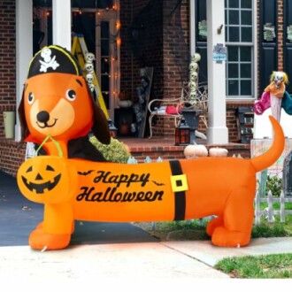 Halloween inflatable dog decoration with pirate hat and pumpkin.