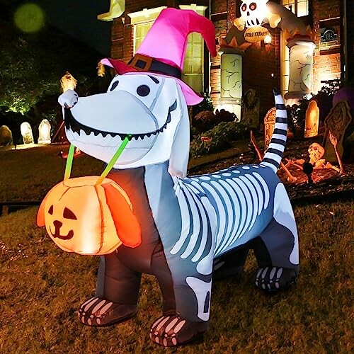 Inflatable skeleton dog Halloween decoration with pumpkin.