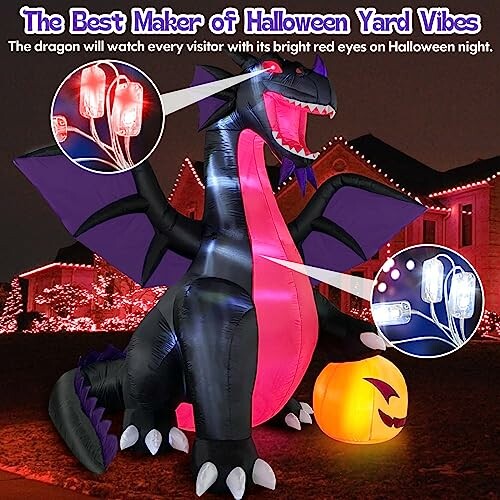 Inflatable dragon decoration with glowing eyes for Halloween.