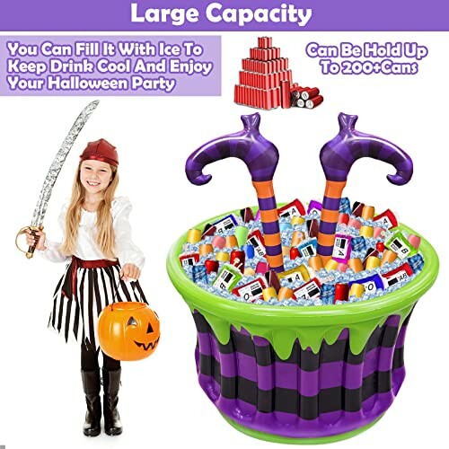 Child in pirate costume with inflatable Halloween drink cooler filled with cans.