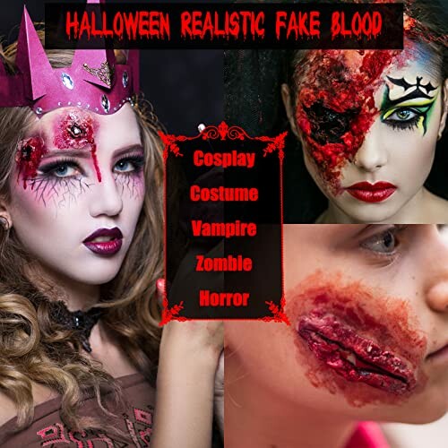 Various Halloween makeup looks with realistic fake blood effects.