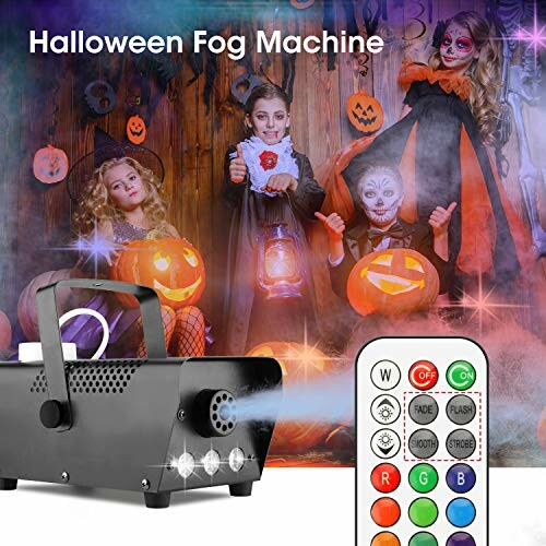 Halloween-themed scene with fog machine and remote, children in costumes.