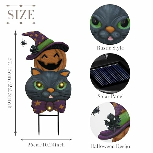 Halloween garden stake with cat and pumpkin design.