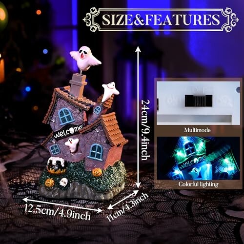 Halloween ghost house decoration with dimensions and features.