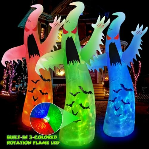 Colorful Halloween inflatable ghosts with LED lights and bats.