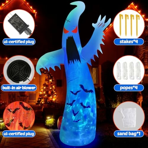 Halloween inflatable ghost decoration with accessories including UL-certified plug, air blower, stakes, ropes, and sandbag.