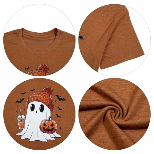 Brown Halloween t-shirt with ghost, pumpkin, and bats design.