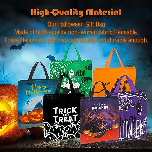 Colorful Halloween-themed gift bags with pumpkins and spooky designs.