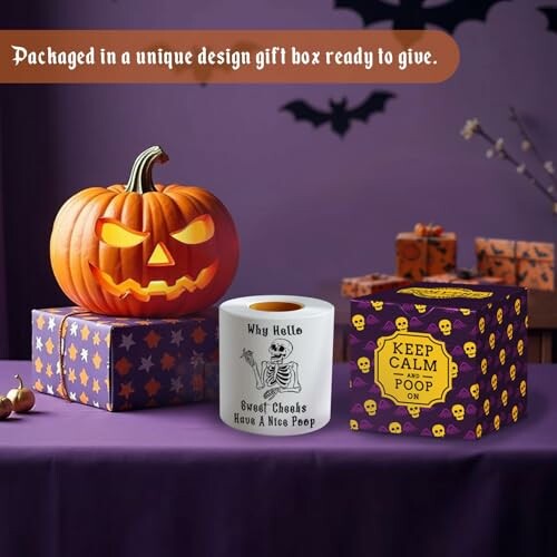 Halloween-themed gift set with pumpkin and novelty toilet paper.