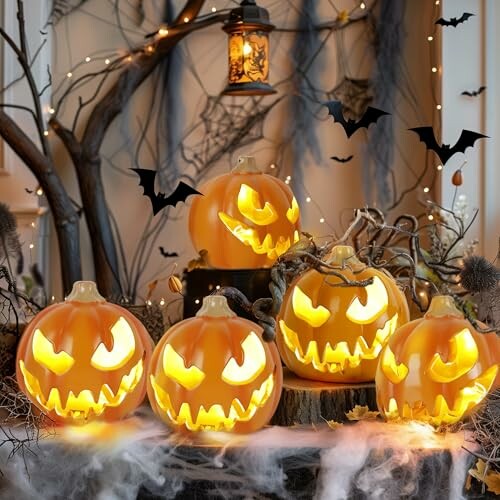 Glowing jack-o'-lanterns with spooky background