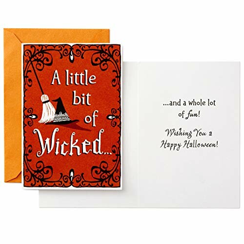 Halloween greeting card with witch theme and festive message.