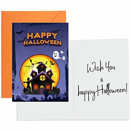 Halloween greeting card with haunted house and moon.