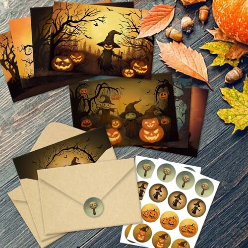 Halloween greeting cards with pumpkins and witches, envelopes, and stickers on a wooden background.