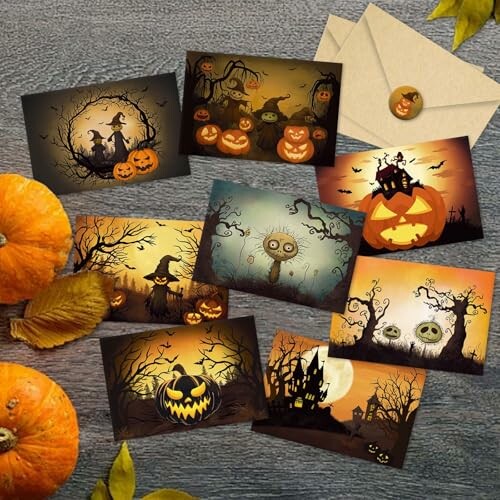 Various Halloween-themed cards with pumpkins and spooky scenes.