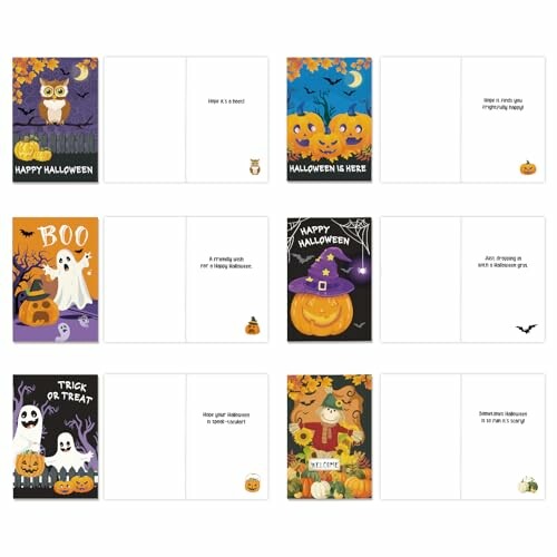 Collection of Halloween greeting cards with various designs and messages.