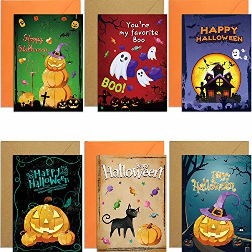 A set of colorful Halloween greeting cards featuring pumpkins, ghosts, and a spooky house.