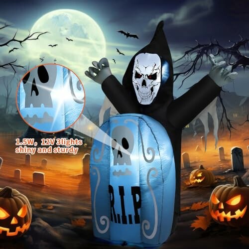 Inflatable Grim Reaper Halloween decoration with pumpkins and tombstones.