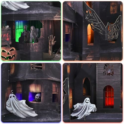 Collage of a haunted house with Halloween-themed decorations including ghosts, a pumpkin, and skeletons.