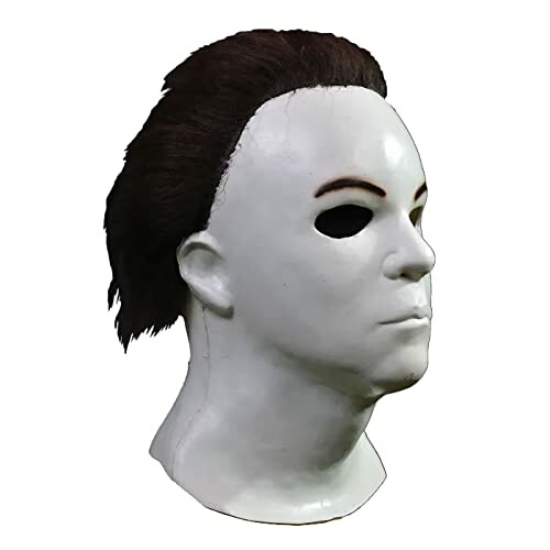 White Halloween horror mask with dark hair.