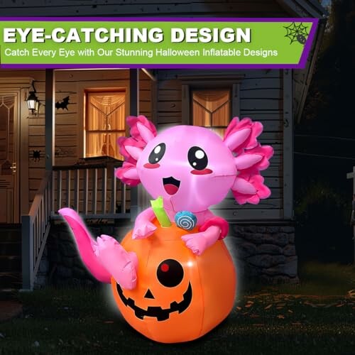 Inflatable pink axolotl on pumpkin decoration for Halloween