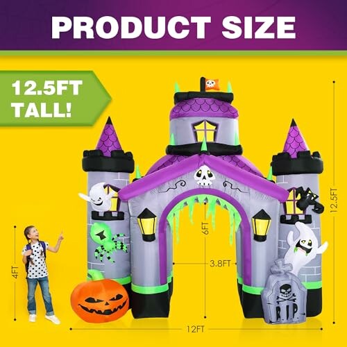 Large Halloween inflatable castle with ghosts and pumpkins, 12.5 feet tall.