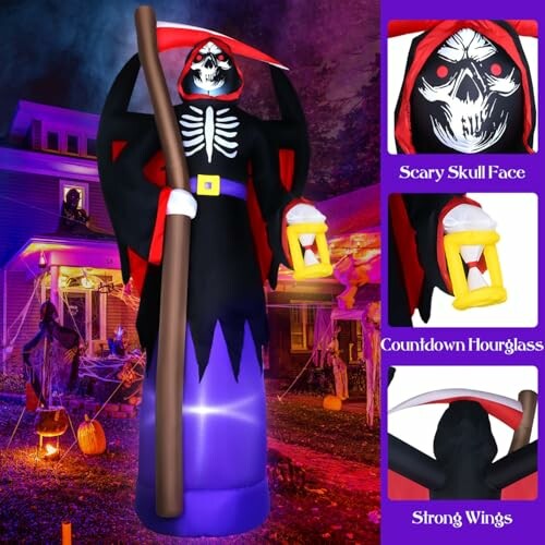 Inflatable Halloween Grim Reaper with skull face, hourglass, and wings in front of a decorated house.