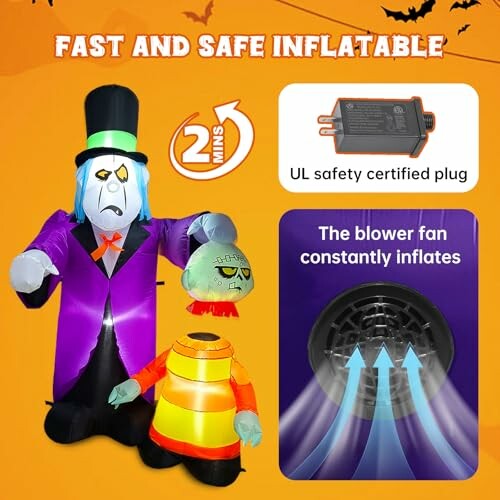 Halloween inflatable decoration with UL certified plug and blower fan.