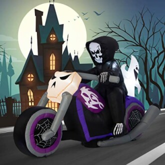 Inflatable Halloween decoration with skeleton on motorcycle