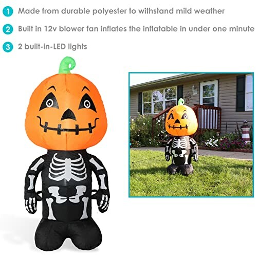 Inflatable Halloween decoration of a pumpkin with a skeleton body.