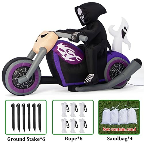 Inflatable Grim Reaper on motorcycle with ghost, stakes, ropes, sandbags shown.