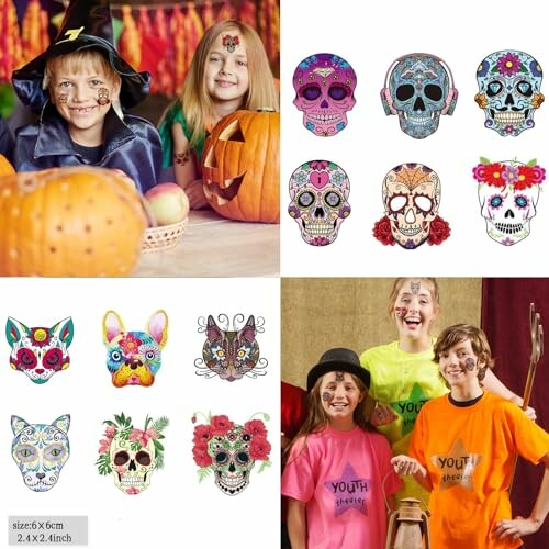 Children in Halloween costumes with Day of the Dead skull designs.