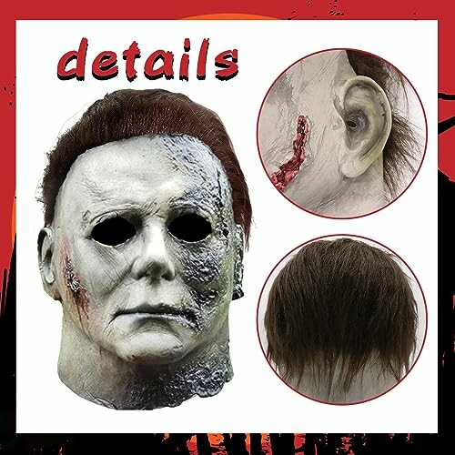 Detailed view of a Halloween mask with close-ups of scars and hair