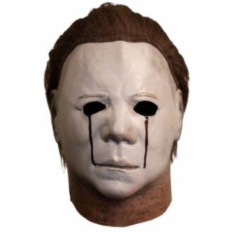 White Halloween mask with dark eye holes and tears