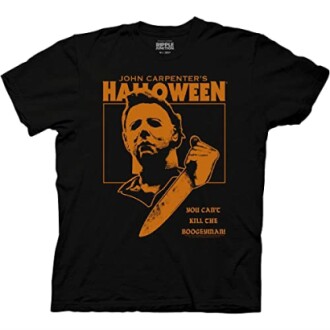 Black t-shirt featuring Halloween movie design with a figure holding a knife.