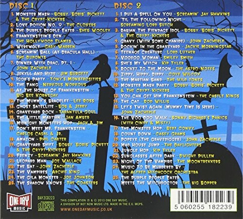 Back cover of a Halloween-themed music collection with tracklist for two discs.