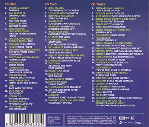 Back cover of a Halloween music compilation with track listing.