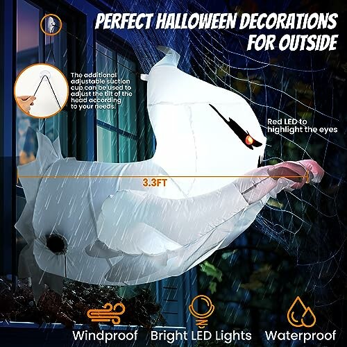 Outdoor Halloween ghost decoration with red LED eyes and adjustable suction cup, featuring windproof and waterproof design with bright LED lights.