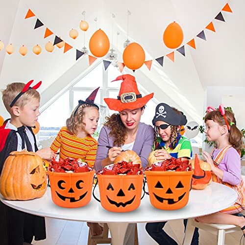 Children in costumes carving pumpkins at a Halloween party.