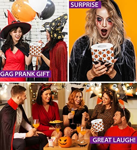 Halloween party with people in costumes holding a gag gift.