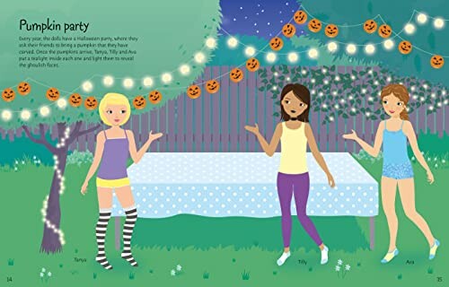 Illustration of three girls at a Halloween party with pumpkin string lights.