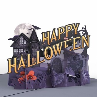 Pop-up card with haunted house and Halloween text.