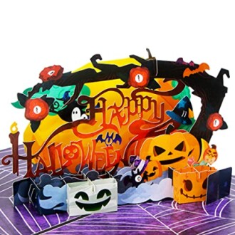 Colorful Halloween pop-up card with pumpkins and spooky decorations.