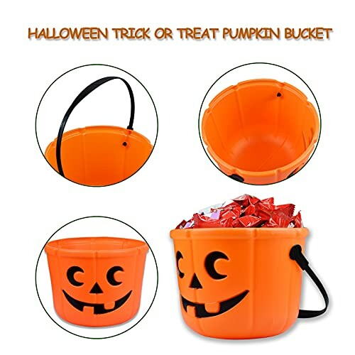 Orange pumpkin bucket for Halloween trick or treat with candies inside.