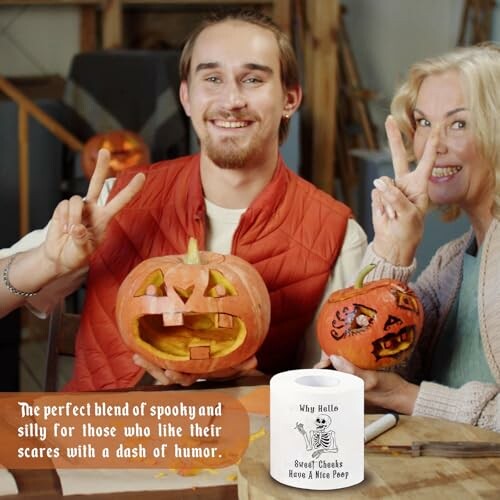 Two people carving pumpkins with a humorous toilet paper roll in the foreground.