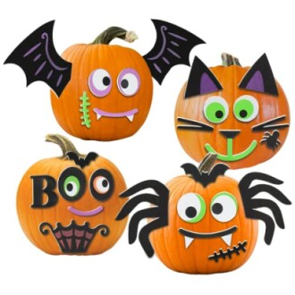 Four decorated pumpkins with Halloween-themed faces and accessories.