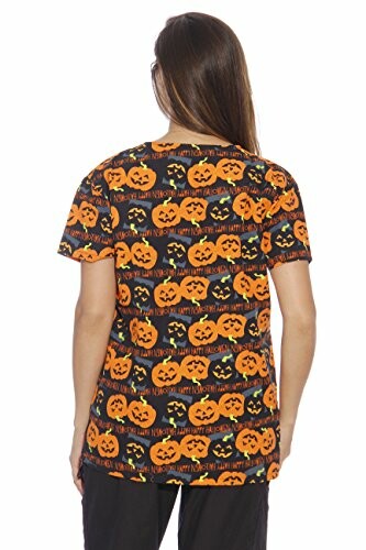 Back view of a woman wearing a Halloween-themed shirt with orange pumpkin patterns.